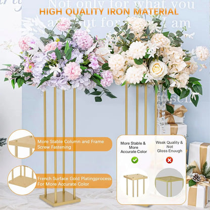 8pcs 31.5inch Rectangular Gold Metal Wedding Flower Stand Vase Geometric Centerpiece Flower Display  for Home Party Decorations