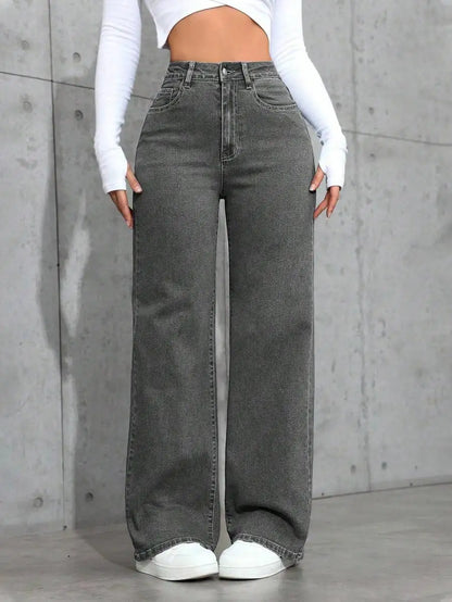 High Waist Wide Leg Washed Denim Jeans for Women - Casual Streetwear Style
