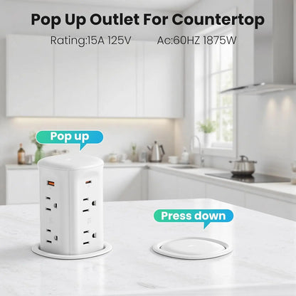 Pop-Up Countertop Outlet with 15W Wireless Charger, 4 USB Ports, 8 AC Sockets, Space-Saving Design for Kitchen & Office