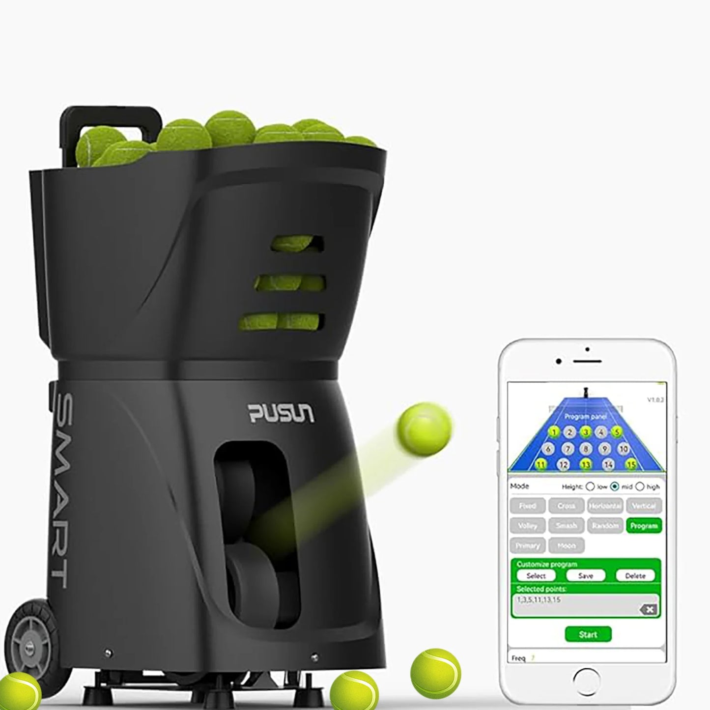 Tennis Ball Machine, PUSUN PT-Smart Tennis Ball Launcher for All Level Tennis Players, 100+Ball Capacity,4-6hs Working Time