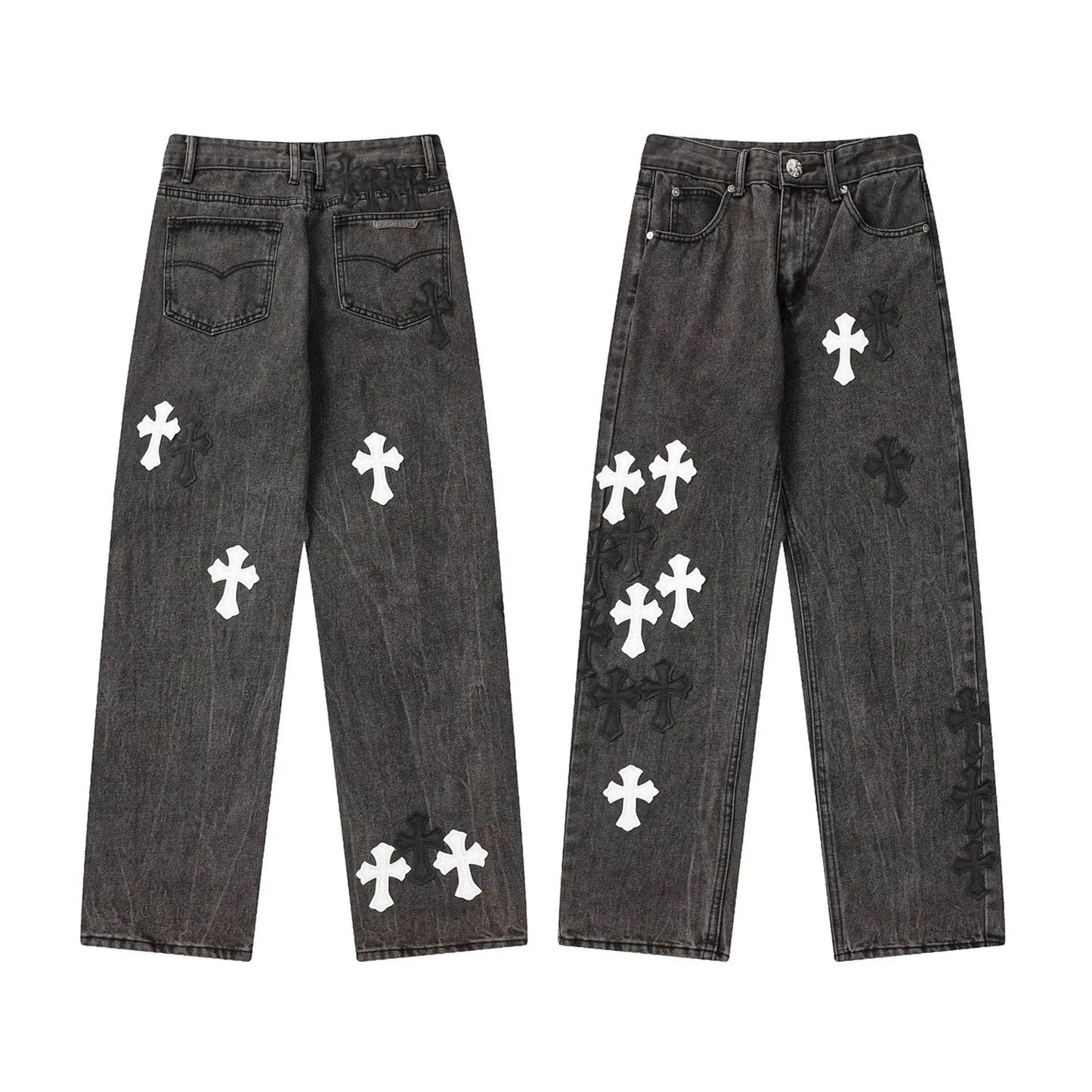 Classic Luxury Brand Men Women Leather Jeans Totem Patch Casual Pants Fashion Metal Embellished Couple Wear 2025