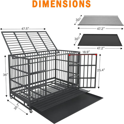 Heavy Duty Dog Crate with Wheels, Indestructible Steel Kennel for High Anxiety Dogs, Double Door and Tray, XL XXL