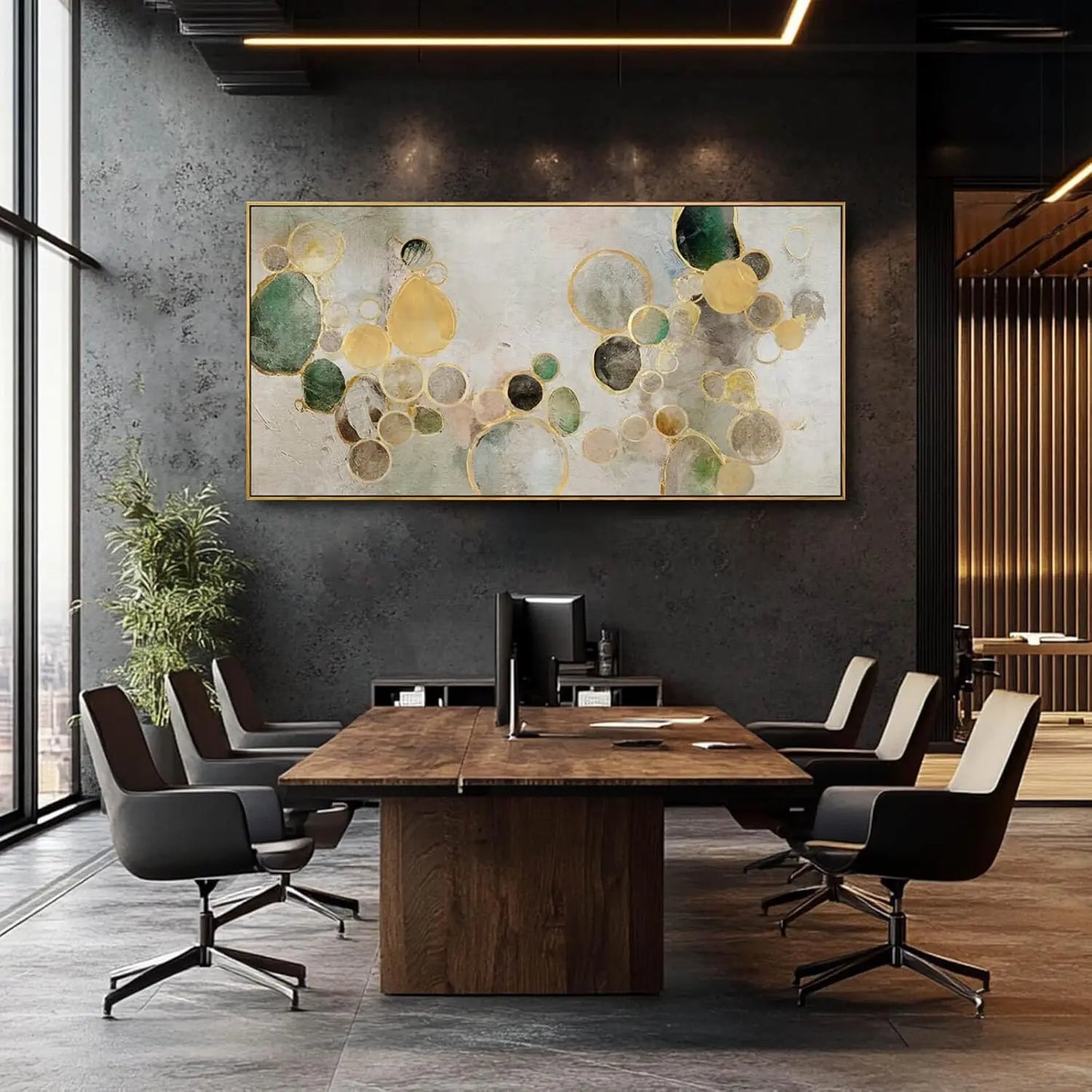 Abstract Gold Circle Canvas Wall Art, Green Framed Painting 29x58 Inches for Living Room Bedroom Office Decor
