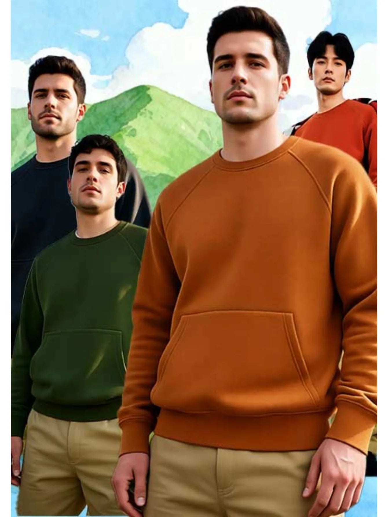 Four piece men's round neck hoodie fleece pullover set offers eight colors of soft cotton blend hoodie