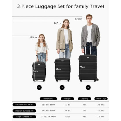 Coolife 3-Piece Hardshell Spinner Luggage Set with TSA Lock - Black (20, 24, 28)