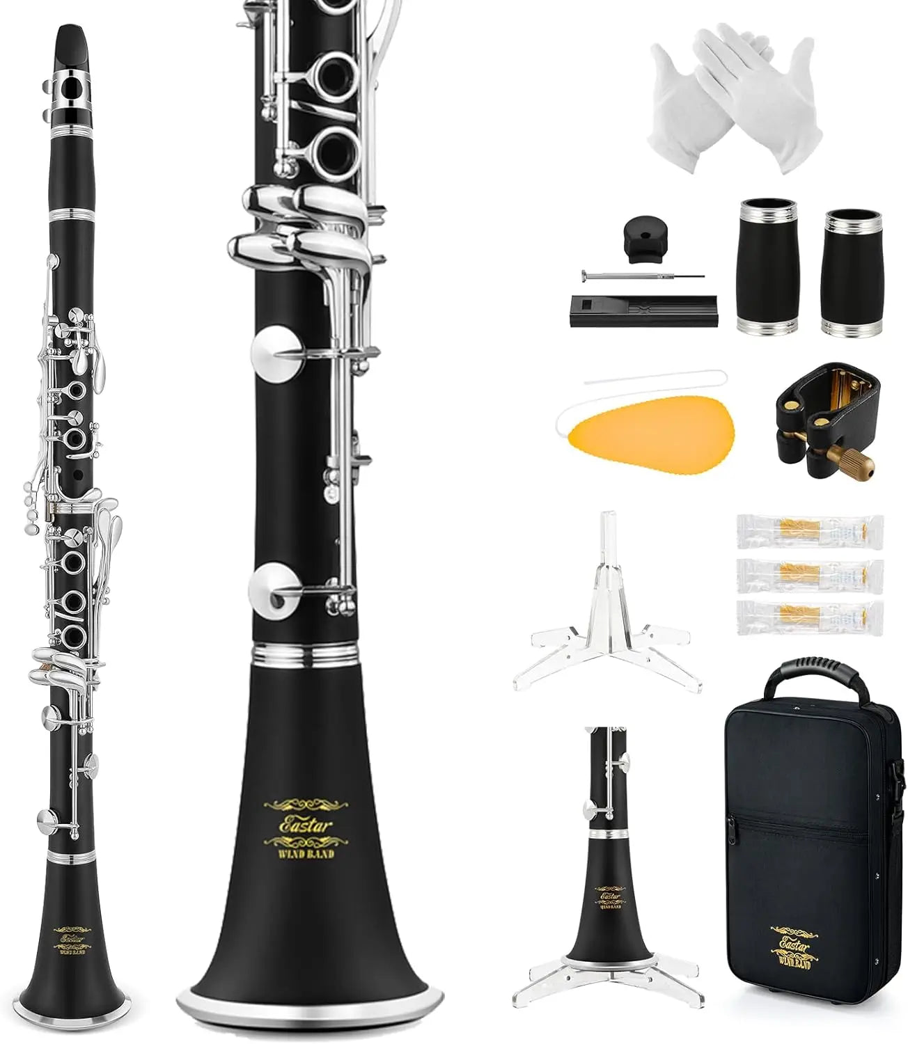 Upgraded Ebonite Bb Clarinet with Silver-Plated Keys, 2 Barrels, Hard Case, and Cleaning Kit for Intermediate Players