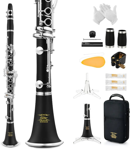 Upgraded Ebonite Bb Clarinet with Silver-Plated Keys, 2 Barrels, Hard Case, and Cleaning Kit for Intermediate Players