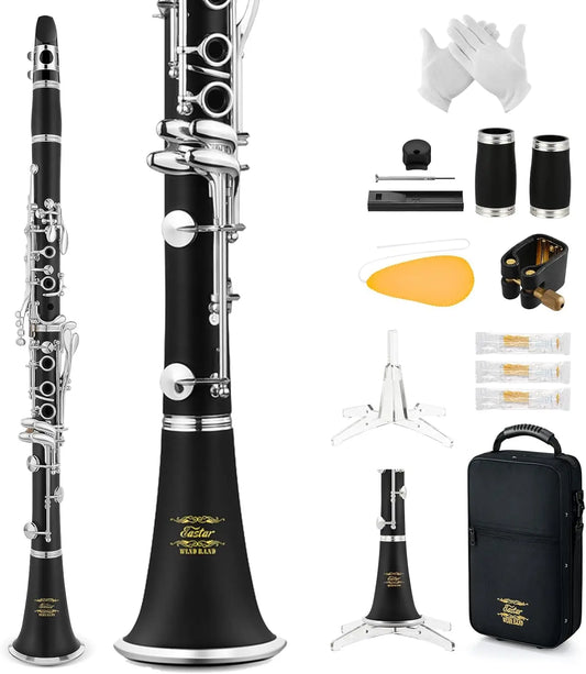 Upgraded Bb Clarinet for Beginners, Silver-Plated Keys with Hard Case & Cleaning Kit