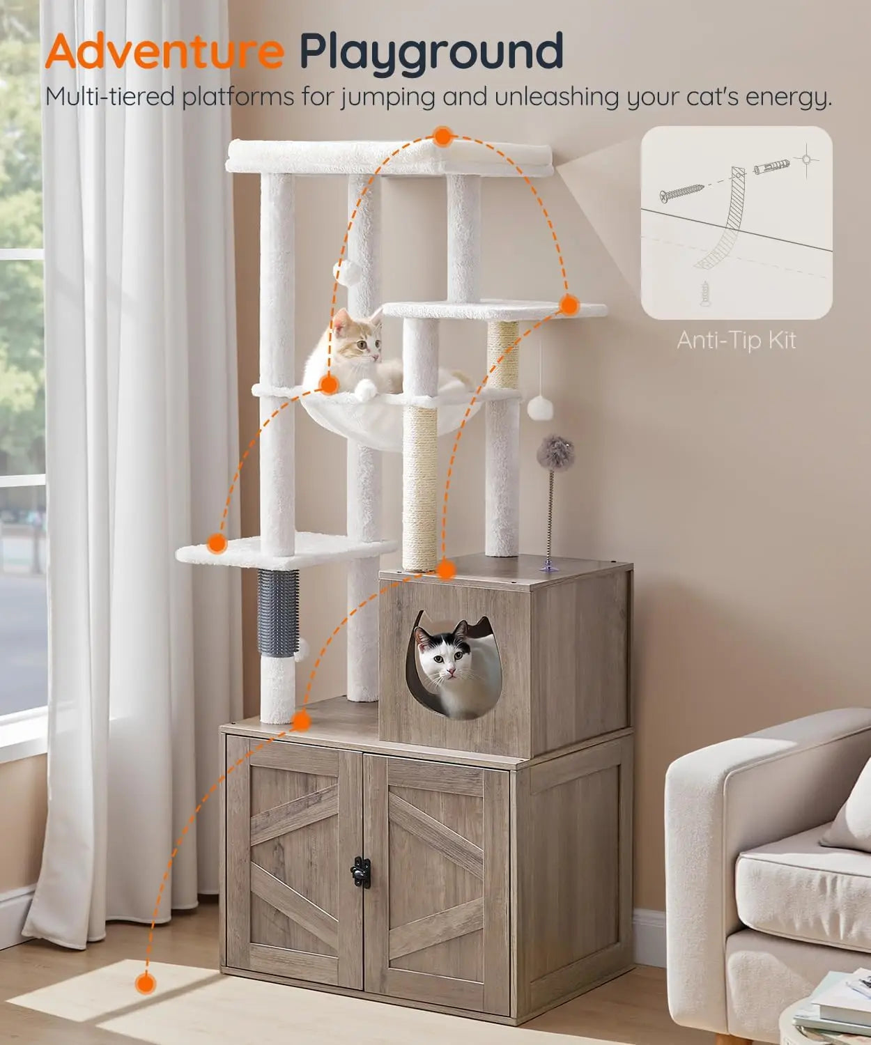 Tall Cat Tree with Hidden Litter Box, Multi-Level Play Tower for Indoor Cats, Sisal Posts and Cozy House