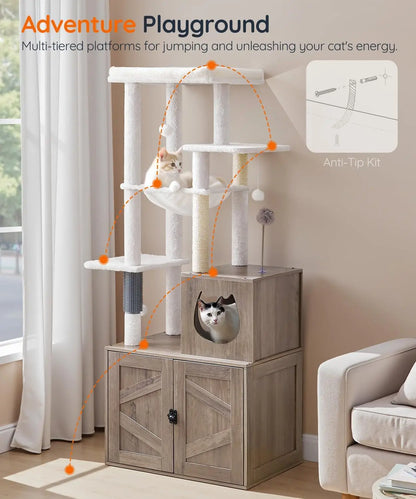 Tall Cat Tree with Hidden Litter Box, Multi-Level Play Tower for Indoor Cats, Sisal Posts and Cozy House