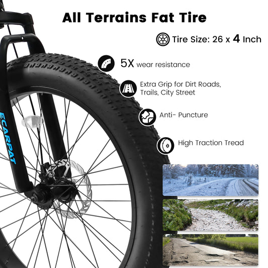 Ecarpat 26 Inch Mountain Bike, 4-Inch Wide Fat Tire Snow Mountain Bikes, 21 Speed for Men Women Bicycles, Steel Frame Disc Brake