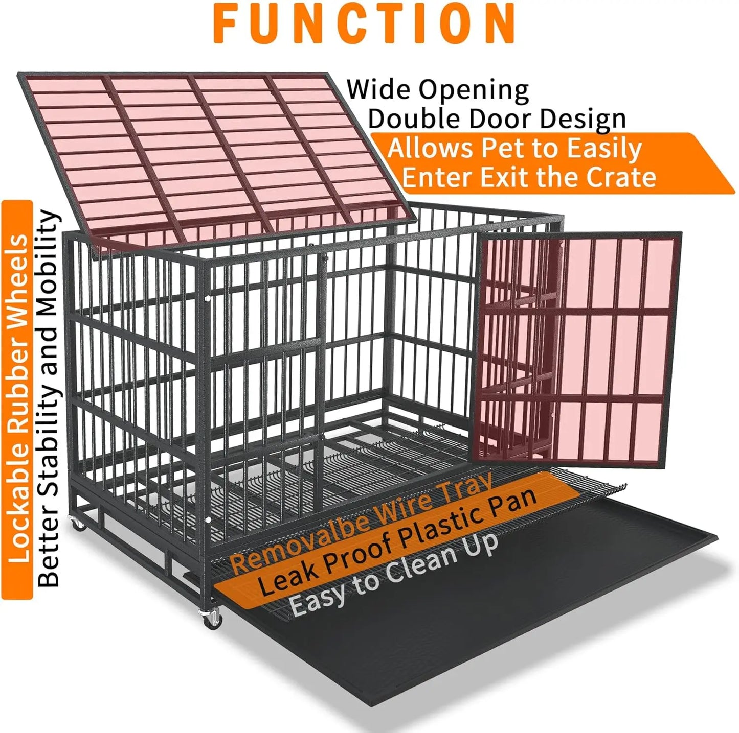 Heavy Duty Dog Crate with Wheels, Indestructible Steel Kennel for High Anxiety Dogs, Double Door and Tray, XL XXL