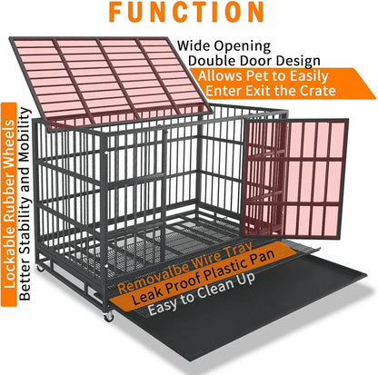 Heavy Duty Dog Crate with Wheels, Indestructible Steel Kennel for High Anxiety Dogs, Double Door and Tray, XL XXL