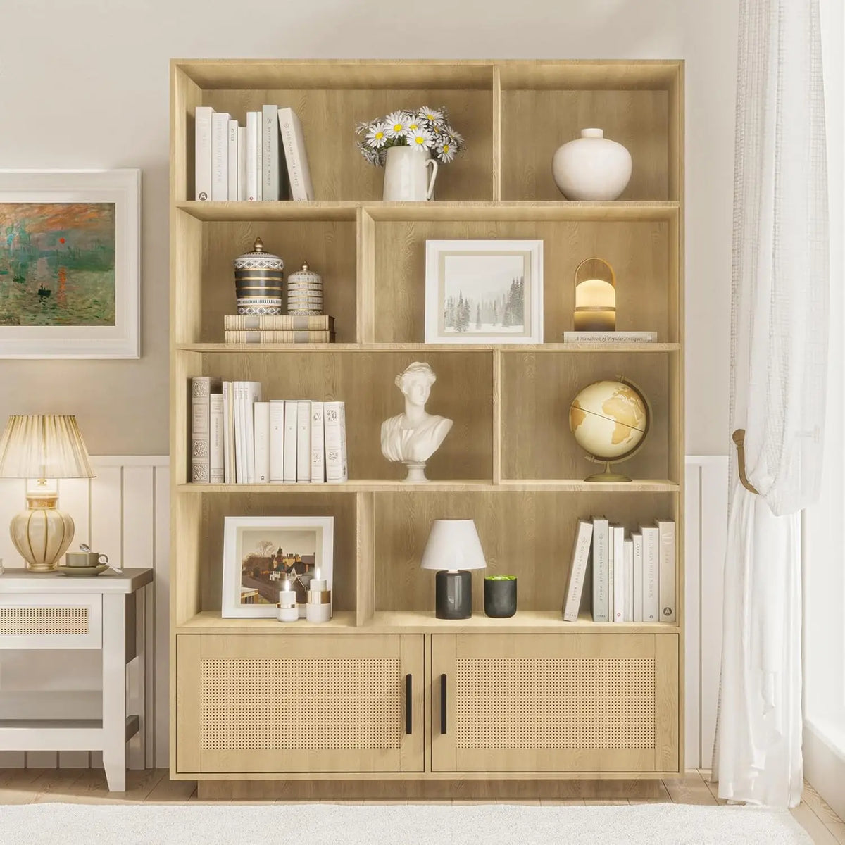 5 Tier Bookshelf, Boho Bookcase with Rattan Doors, Wooden Bookcase and Bookshelf with Storage for Living Room