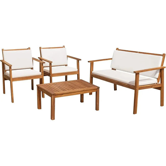 4 Piece Outdoor Acacia Wood Patio Conversation Sofa Set with Table & Cushions for Deck, Balcony, Backyard
