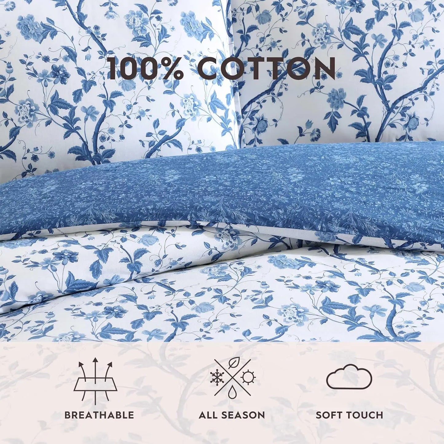 Reversible King Comforter Set with Cotton Bedding, Includes Shams, Euro Shams & Throw Pillows in Elise Blue