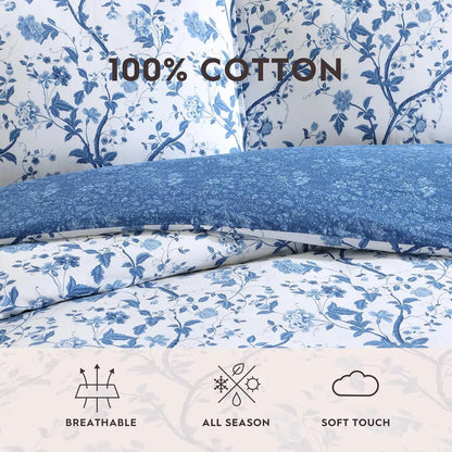 Reversible King Comforter Set with Cotton Bedding, Includes Shams, Euro Shams & Throw Pillows in Elise Blue