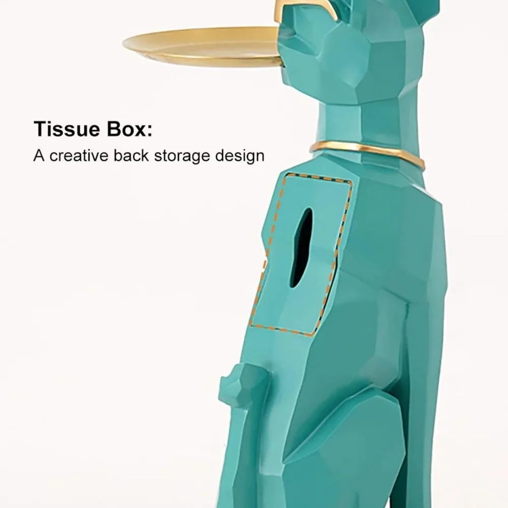 Resin Dog Sculpture Modern Geometric Standing Statue with Tissue Storage, Cute Side End Table Tray (Green)