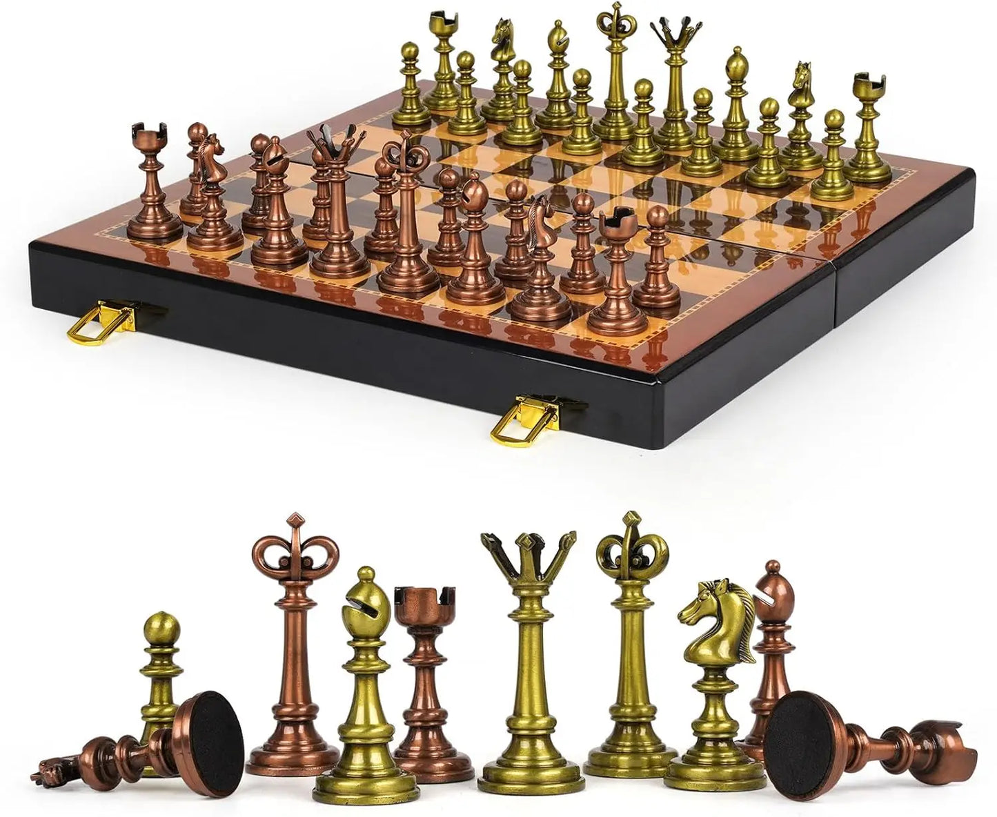 Vintage Metal Chess Set, 15' Wooden Board with Retro Chess Pieces – Travel Friendly Collectible Game for Adults & Kids