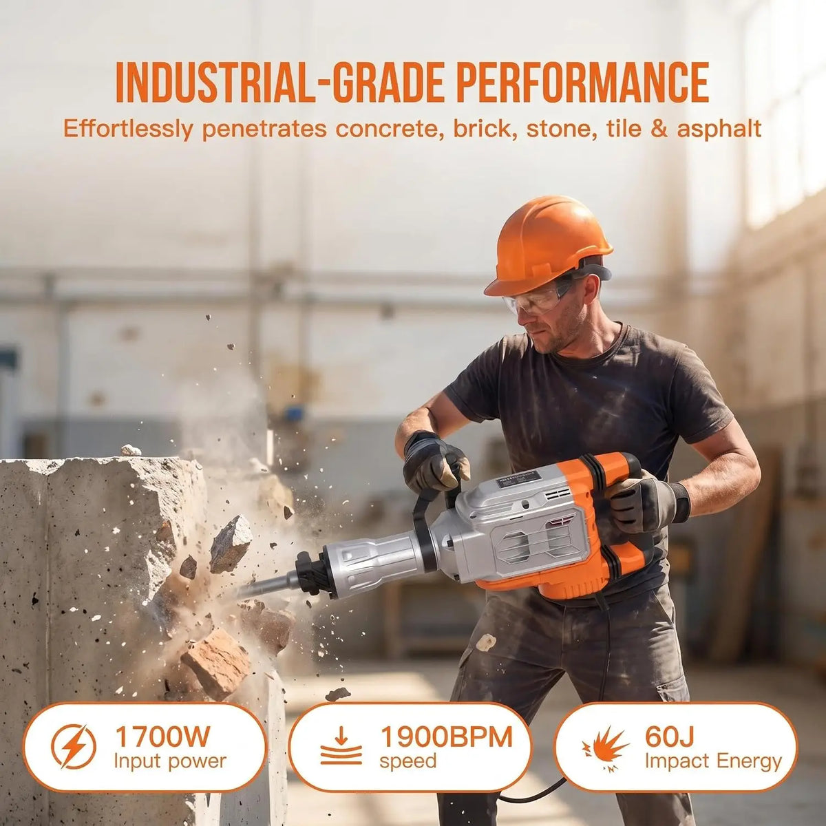1700W Electric Demolition Jackhammer, 1900 BPM Heavy Duty Concrete Breaker, 60J Impact Energy, Anti-Vibration, 360° Handle, Carrying Case, 3 Chisels