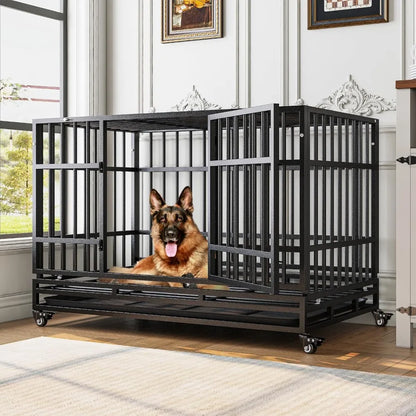 48 Inch Heavy Duty Dog Crates, Escape Proof Dog Cage Large Dogs with Wheels, Indestructible Steel Dog Cage with Upgraded,Customi