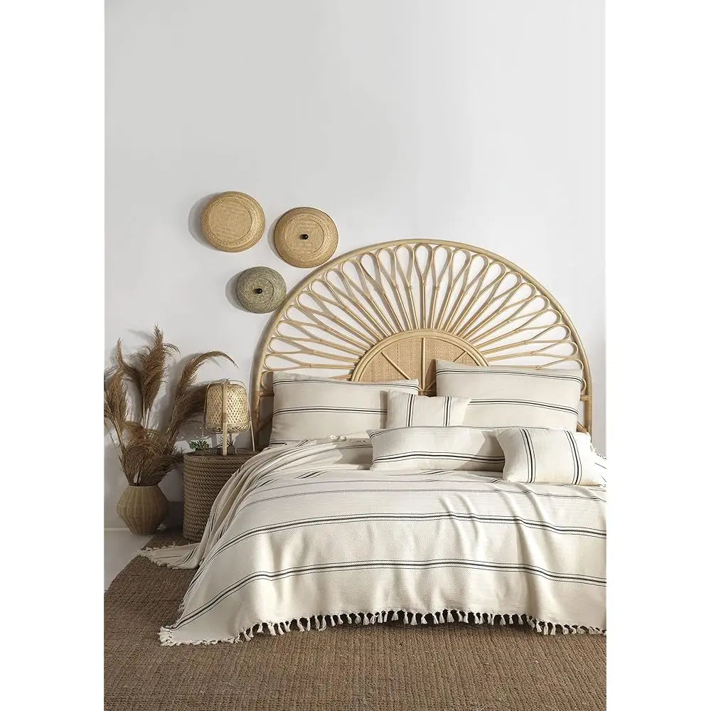Cream Cotton King Bedspread, Turkish Cotton Throw Blanket, Queen Size Bedspread, Plaid Striped Large Throw, Farmhouse Decor