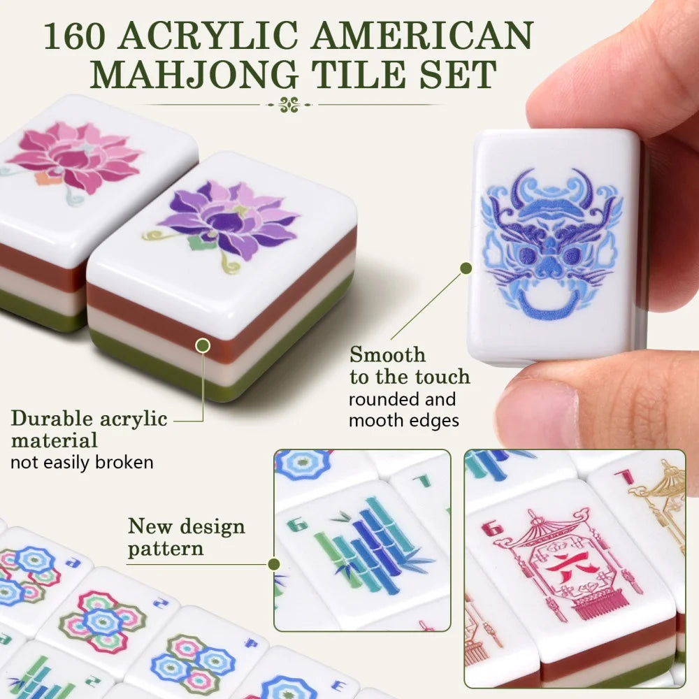 Olive Green Luxury Mahjong Game Tiles 4-Layer Acrylic Engraved American Mahjong Set Portable Mah Jongg Sets for Adult Board Game