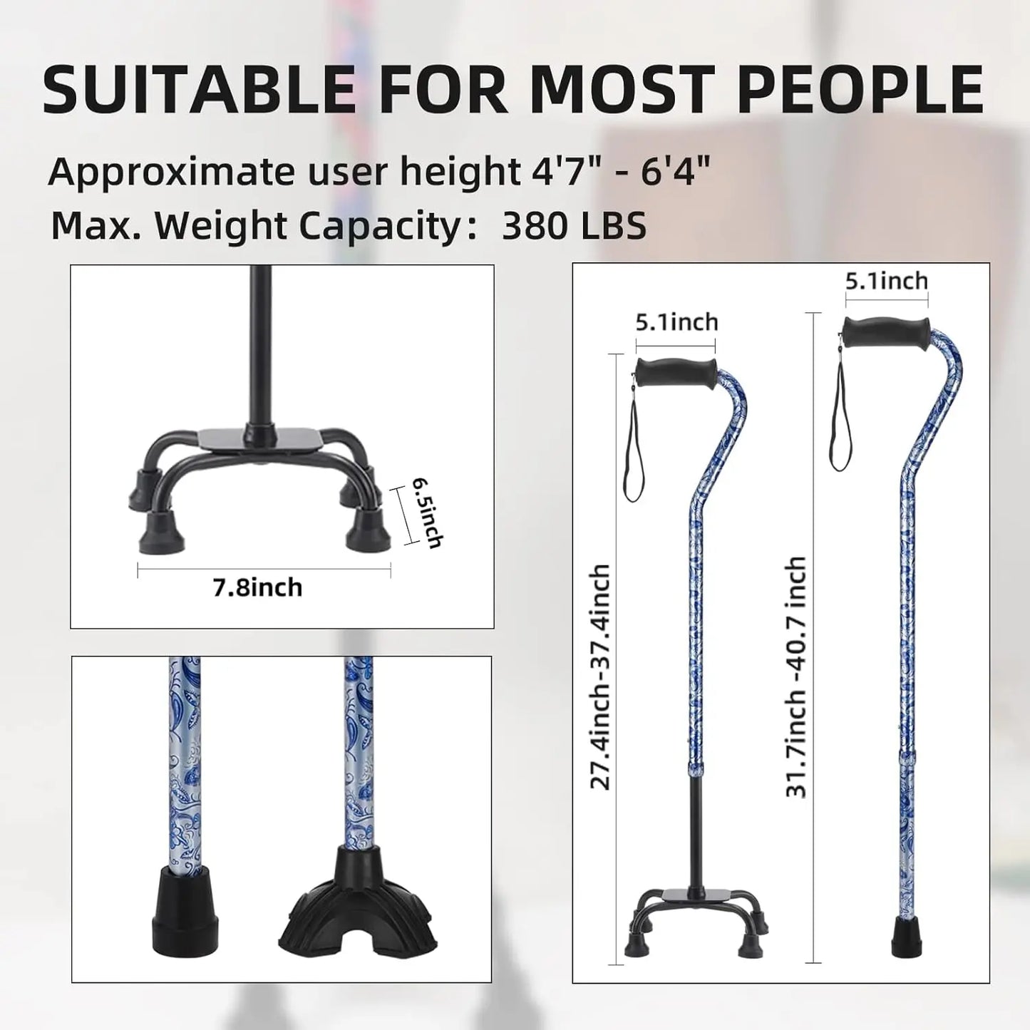 Adjustable Quad Cane with 4-Prong Base for Stability, Folding Aluminum Walking Stick for Seniors