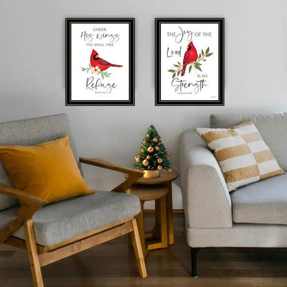 2-Piece Vignette Wall Art - "The Lord is My Strength" with Red Cardinals, Black Frame for Living Room and Bedroom Decor by
