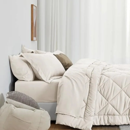 California King Bed in a Bag Off White 7-Piece All Season Comforter Set with 1 Comforter 1 Flat Sheet 1 Fitted Sheet 2 Pillowca