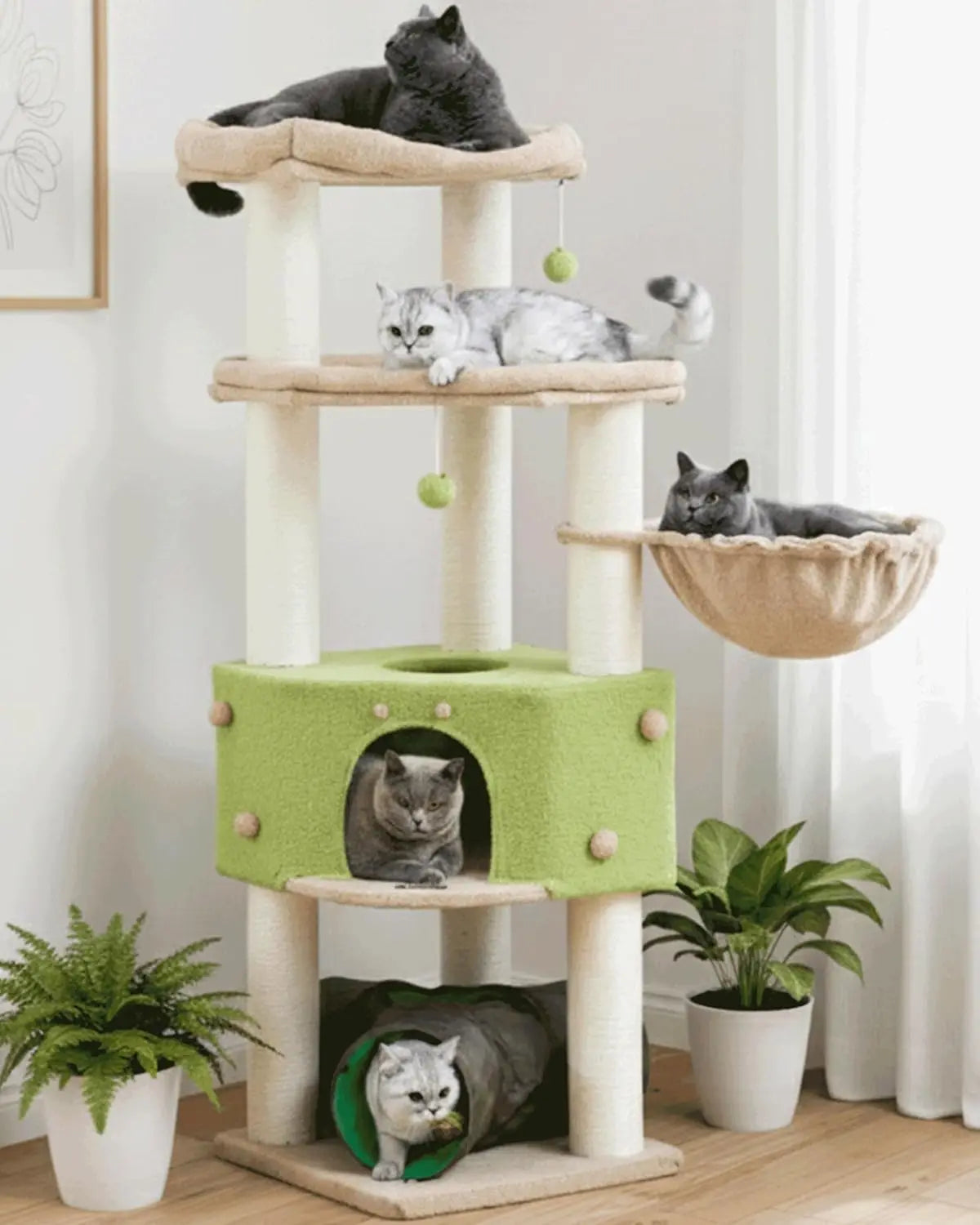 Large Cat Tree Tower for Indoor Cats - Extra Wide Scratching Post with Hammock and Tunnel, 60 Inch Multi-Level House