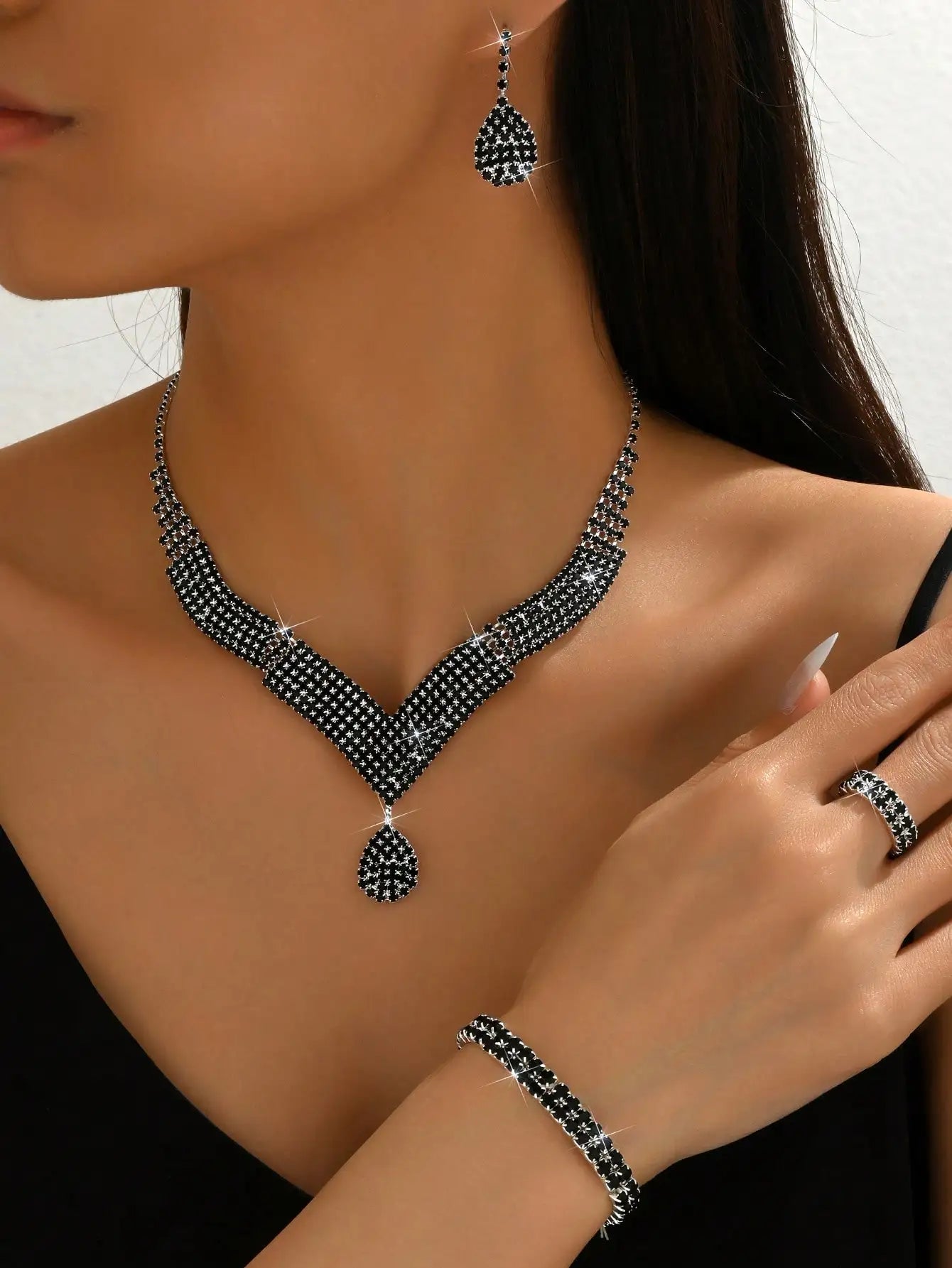 5-Piece Black Crystal Jewelry Set for Women - Necklace, Earrings, Bracelet, Ring - Bridal & Valentine's Day Gift