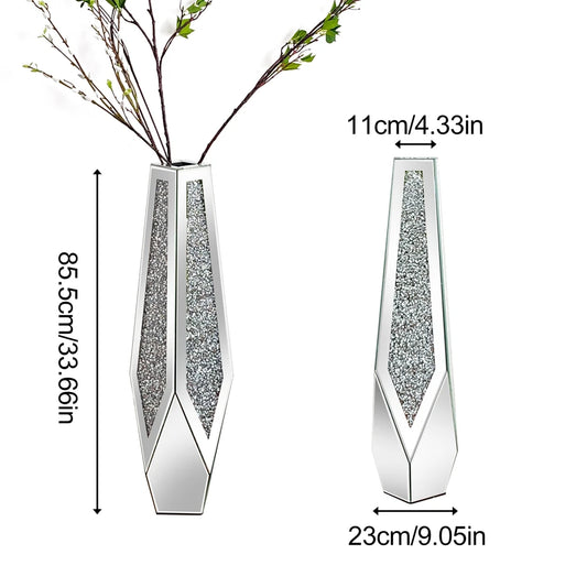 Crushed Diamond Mirrored Floor Vase Silver Floral Arrangement Crushed Diamond Decorative Flower Container