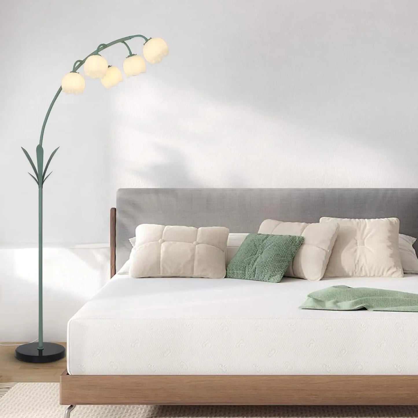 Arc Floor Lamp with 5 G9 LED, Green Floral Standing Lamp, Acrylic Shade, Foot Switch, for Living Room Bedroom Corner