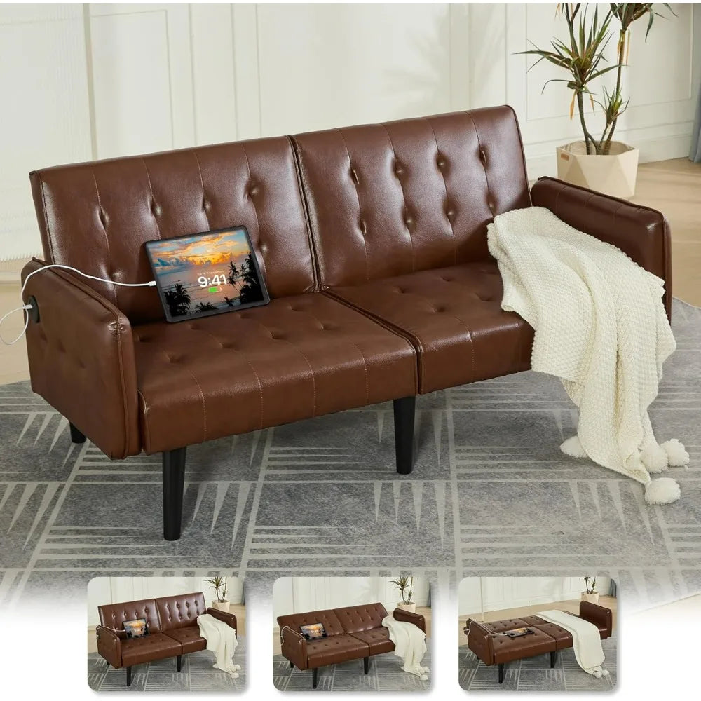 TYBOATLE 65" Brown Faux Leather Futon Sofa Bed Convertible Sleeper Loveseat 2 USB Ports Tufted Adjustable Folding Couch Space