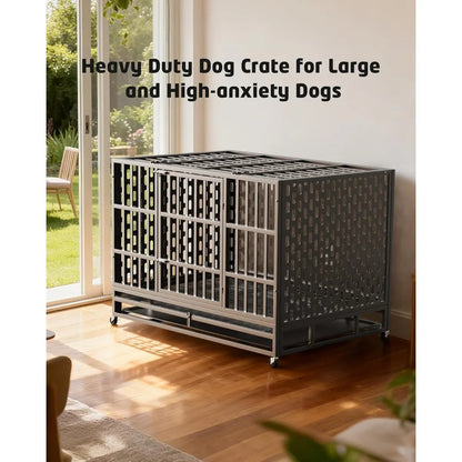 48 Inch Heavy Duty Indestructible Dog Crate Steel Escape Proof, Indoor Double Door High Anxiety Cage, Kennel with Wheels,Customi