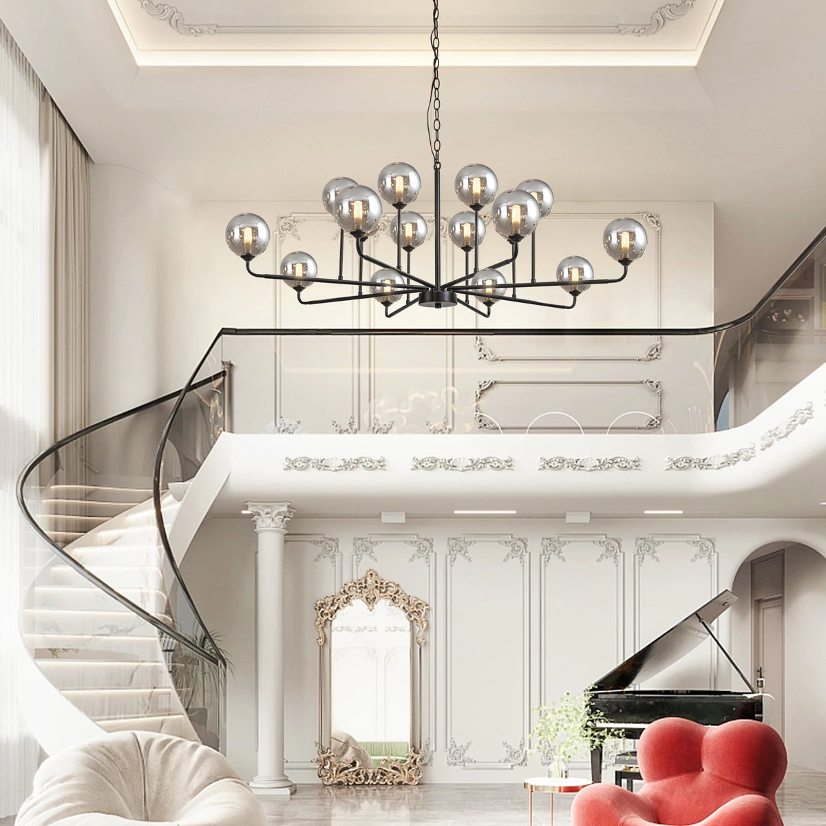 Bubble Glass Chandelier 12/16-Light Chandelier Height Adjustable Dimmable Sputnik Chandeliers for Dining Room Foyer