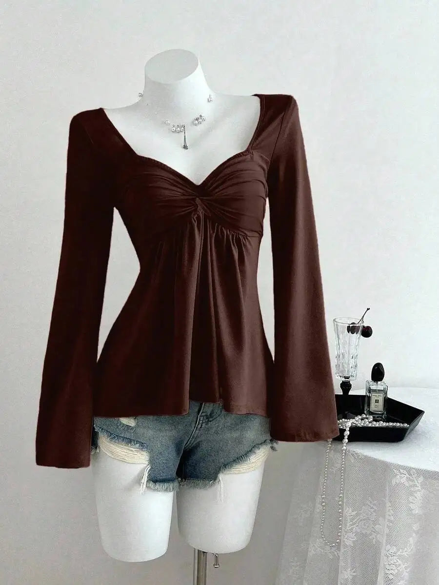 Women's Twist Front V-Neck Long Sleeve Top with Bell Sleeves, Casual Elegant Spring Autumn Blouse