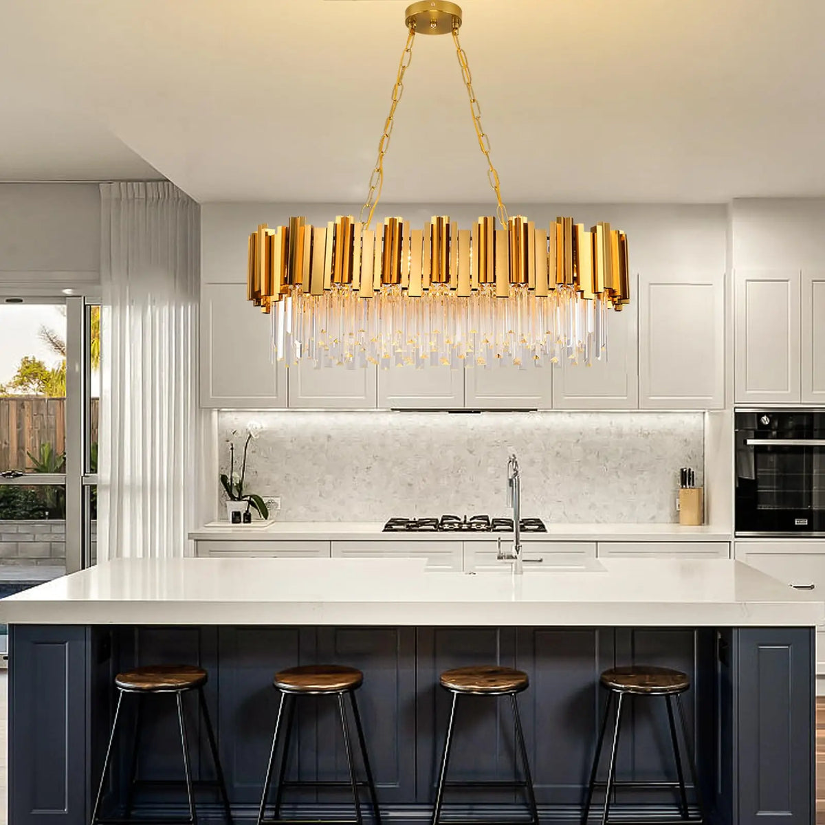 Modern Gold Crystal Chandelier, Luxury Oval Chain K9 Crystal Chandelier Light Fixture-kitchen island/dining room/living room/bar