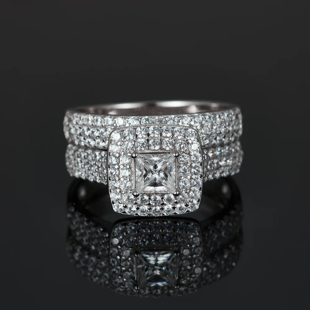 Luxury 925 Sterling Silver Inlaid Moissanite Two-Piece Ring Set, charming Princess Cut Romantic Wedding Ring, Super Shiny Jewelry Engagement Gift for Anniversary Parties, Daily Wear