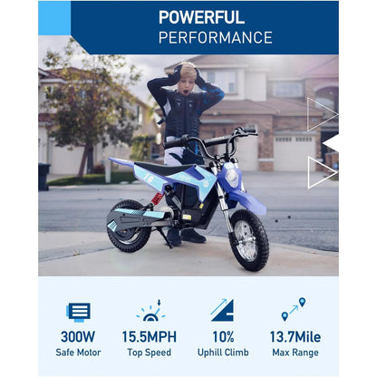 Hiboy 36V&300W Electric Motorcycle - Up to 15.5MPH & 13.7 Miles Long-Range, 3-Speed Modes Electric Dirt Bike for Kids Ages 3-10
