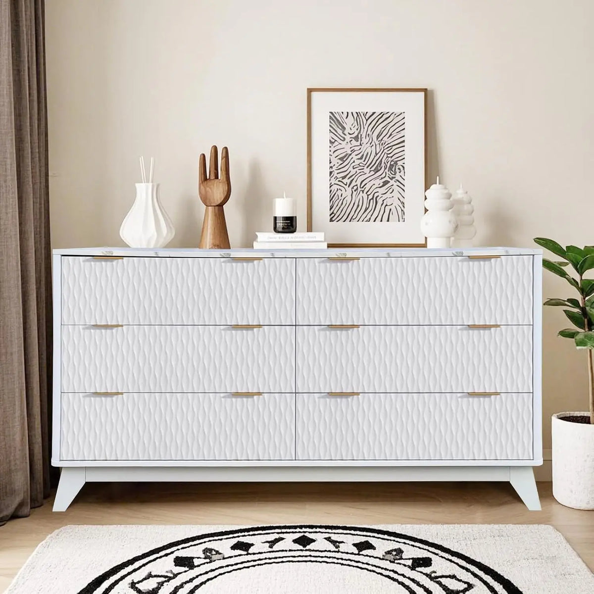 Fluted Dresser for Bedroom, Modern 6 Drawer Dresser, Double Chest of Drawers with Faux Marble Top, Wood Storage Cabinet for Living Room, Hallway, Entryway