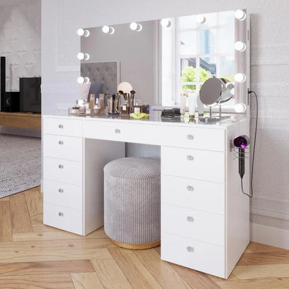 Orla - Glass Top Large Vanity Desk w/Bluetooth Speaker, 12 Hollywood Lights, 11 Drawers, Crystal Knobs, USB Type-C & Type-A Por