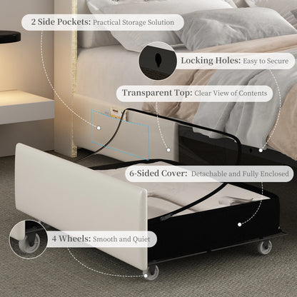 LED Bed Frame with Galaxy Star Projector, 2 Drawers, 52" PU Headboard with Charging Station, Noise Free, No Box Spring