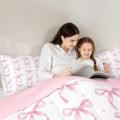 Cute Pink Bow Twin Bedding Set for Girls,Ribbon Bow Knot Comforter Set for Kids Kawaii Room Decor,Princess Bowknot Bed Set Girly