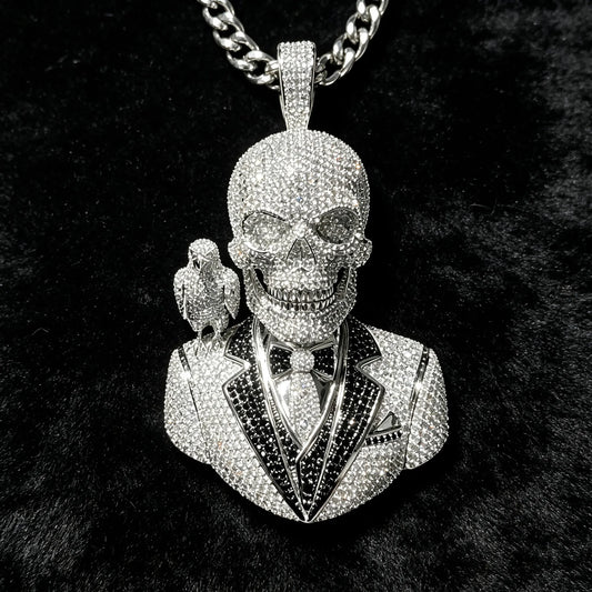 Light Luxury Skull Portrait Wearing Suit with butterfly Tie 3D Bird Hip-Hop Pendant Can Be Paired with Cuban Chain Male and Female Rap Singer Party Accessories Unique Jewelry Anniversary Gift