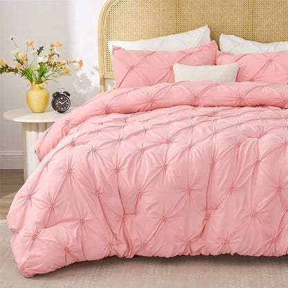 Pink Comforter Set Queen 3 Pieces Boho Pintuck Bedding Comforter Sets, Lightweight Soft amp Warm Bed Comforter Queen with 2 Pill