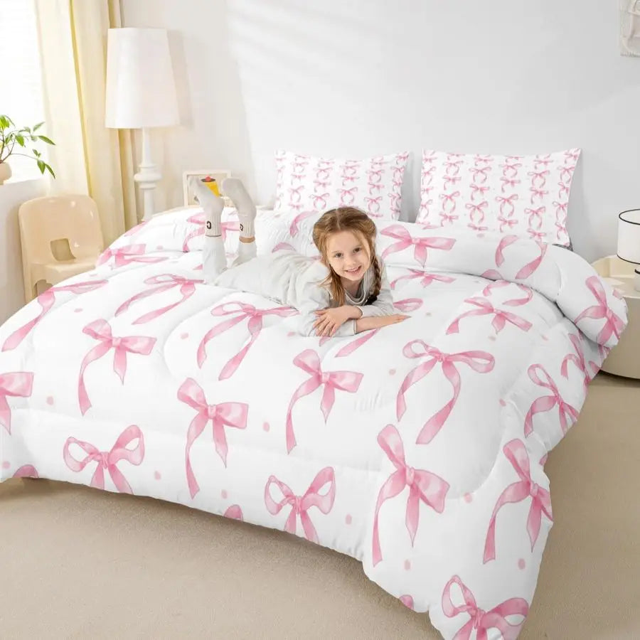 Cute Pink Bow Twin Bedding Set for Girls,Ribbon Bow Knot Comforter Set for Kids Kawaii Room Decor,Princess Bowknot Bed Set Girly