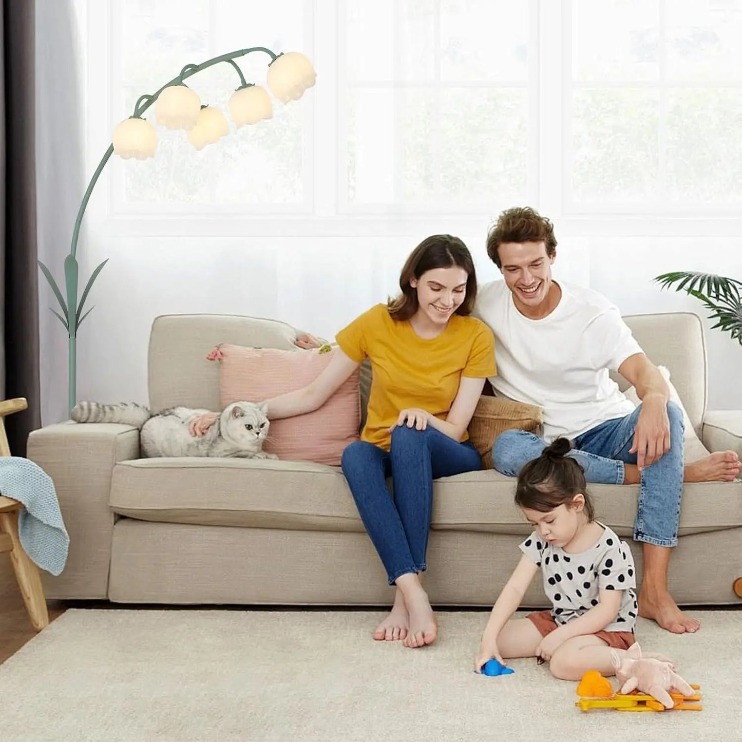 Arc Floor Lamp with 5 G9 LED, Green Floral Standing Lamp, Acrylic Shade, Foot Switch, for Living Room Bedroom Corner