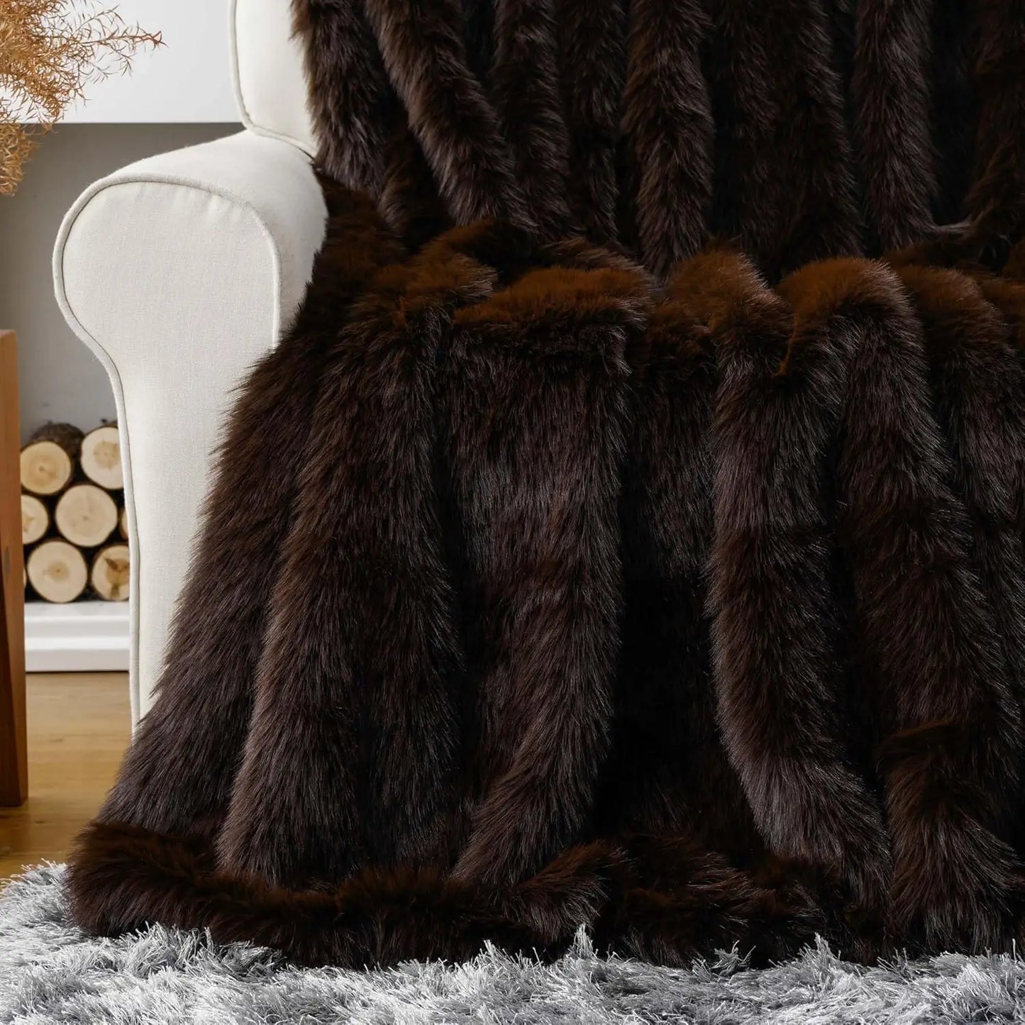 Luxury Brown Faux Fur Throw Blanket, Large Soft Warm Cozy Fuzzy Fluffy for Bed Home Decor King Size 60x80